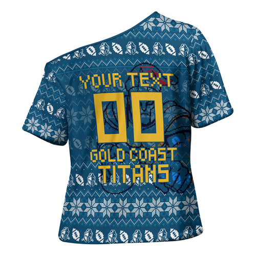 Personalized Gold Coast Titans Christmas Cross Shoulder Shirt Australian Rugby Fans - Pixelated Ugly Xmas Pattern Mascot Santa