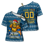 Personalized Gold Coast Titans Christmas Cross Shoulder Shirt Australian Rugby Fans - Pixelated Ugly Xmas Pattern Mascot Santa