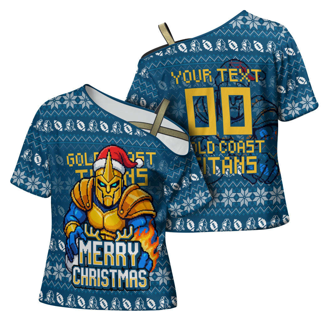 Personalized Gold Coast Titans Christmas Cross Shoulder Shirt Australian Rugby Fans - Pixelated Ugly Xmas Pattern Mascot Santa