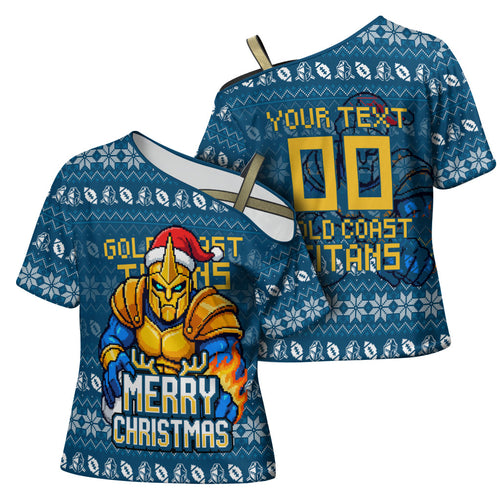 Personalized Gold Coast Titans Christmas Cross Shoulder Shirt Australian Rugby Fans - Pixelated Ugly Xmas Pattern Mascot Santa