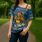 Personalized Gold Coast Titans Christmas Cross Shoulder Shirt Australian Rugby Fans - Pixelated Ugly Xmas Pattern Mascot Santa