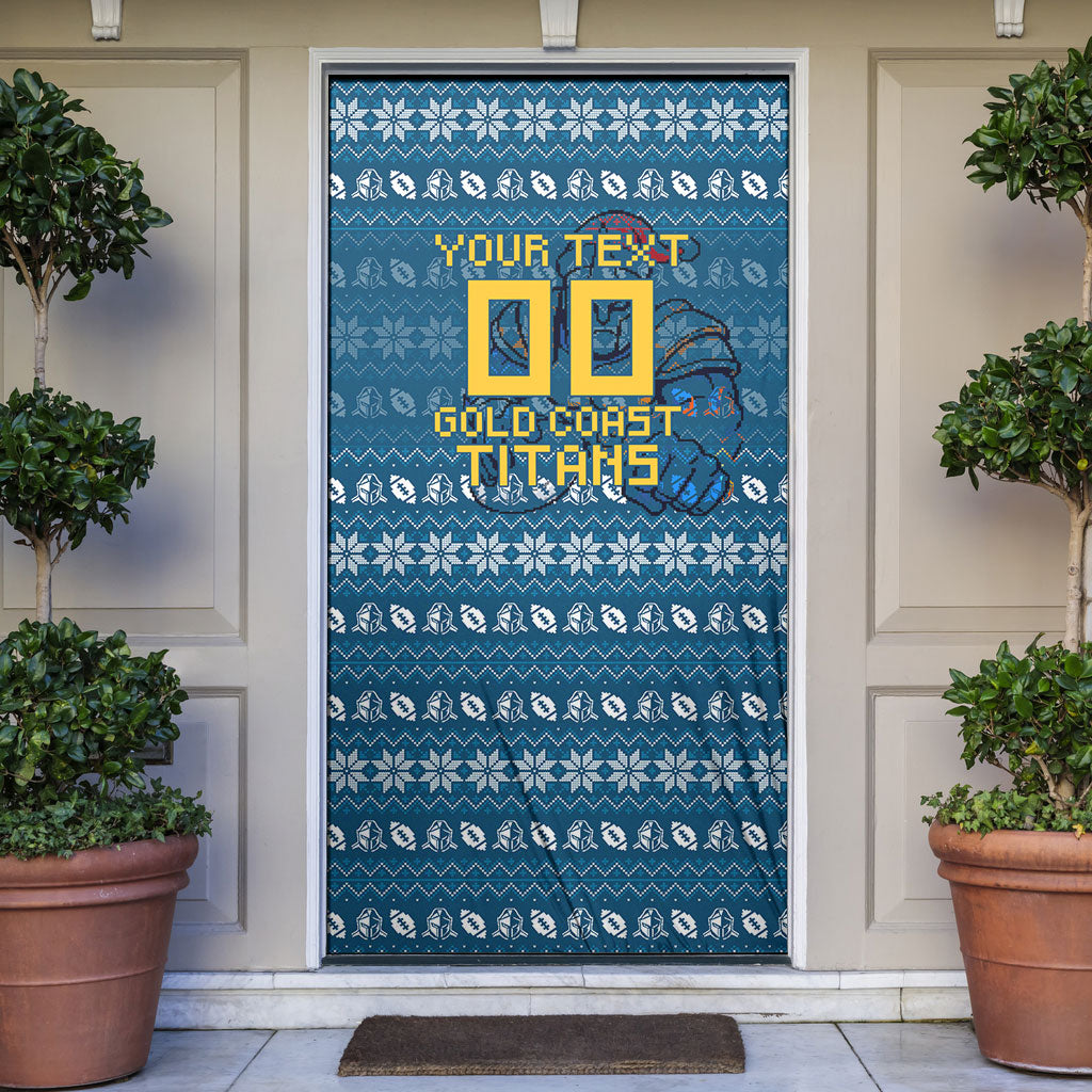 Personalized Gold Coast Titans Christmas Door Cover Australian Rugby Fans - Pixelated Ugly Xmas Pattern Mascot Santa