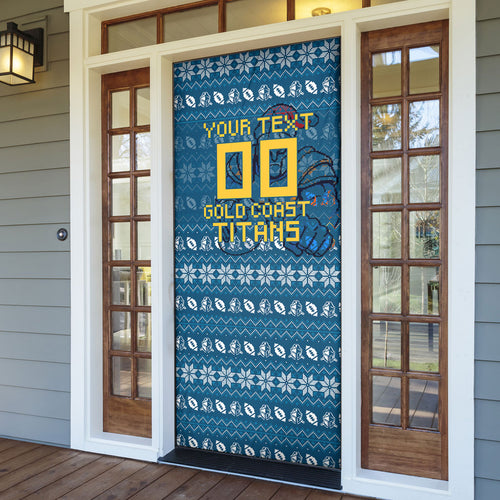 Personalized Gold Coast Titans Christmas Door Cover Australian Rugby Fans - Pixelated Ugly Xmas Pattern Mascot Santa