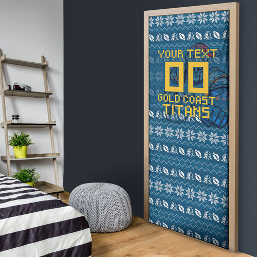 Personalized Gold Coast Titans Christmas Door Cover Australian Rugby Fans - Pixelated Ugly Xmas Pattern Mascot Santa