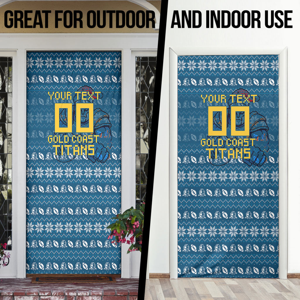 Personalized Gold Coast Titans Christmas Door Cover Australian Rugby Fans - Pixelated Ugly Xmas Pattern Mascot Santa