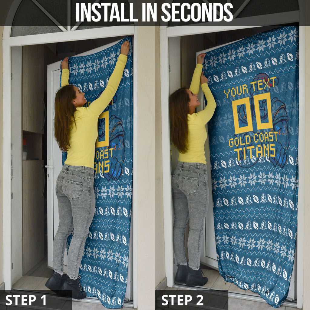Personalized Gold Coast Titans Christmas Door Cover Australian Rugby Fans - Pixelated Ugly Xmas Pattern Mascot Santa