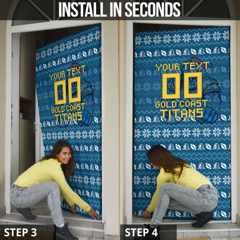 Personalized Gold Coast Titans Christmas Door Cover Australian Rugby Fans - Pixelated Ugly Xmas Pattern Mascot Santa