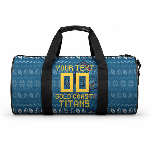 Personalized Gold Coast Titans Christmas Duffle Bag Australian Rugby Fans - Pixelated Ugly Xmas Pattern Mascot Santa