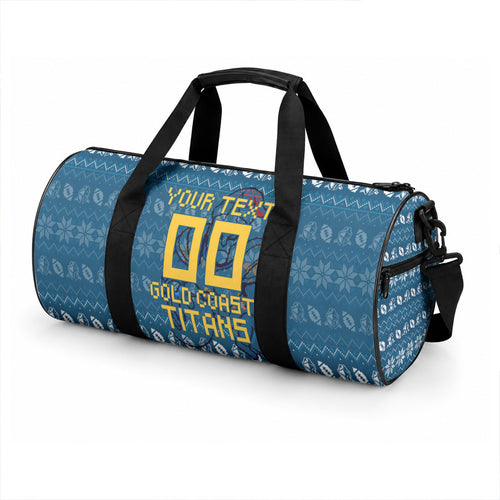 Personalized Gold Coast Titans Christmas Duffle Bag Australian Rugby Fans - Pixelated Ugly Xmas Pattern Mascot Santa