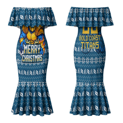 Personalized Gold Coast Titans Christmas Family Matching Mermaid Dress and Hawaiian Shirt Australian Rugby Fans - Pixelated Ugly Xmas Pattern Mascot Santa