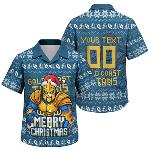 Personalized Gold Coast Titans Christmas Family Matching Mermaid Dress and Hawaiian Shirt Australian Rugby Fans - Pixelated Ugly Xmas Pattern Mascot Santa