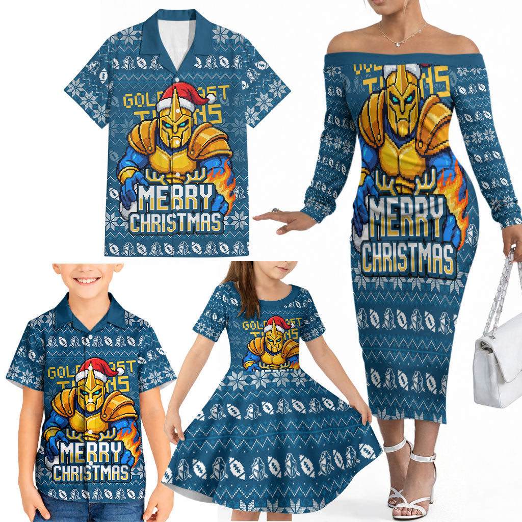 Personalized Gold Coast Titans Christmas Family Matching Off The Shoulder Long Sleeve Dress and Hawaiian Shirt Australian Rugby Fans - Pixelated Ugly Xmas Pattern Mascot Santa