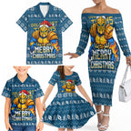 Personalized Gold Coast Titans Christmas Family Matching Off The Shoulder Long Sleeve Dress and Hawaiian Shirt Australian Rugby Fans - Pixelated Ugly Xmas Pattern Mascot Santa