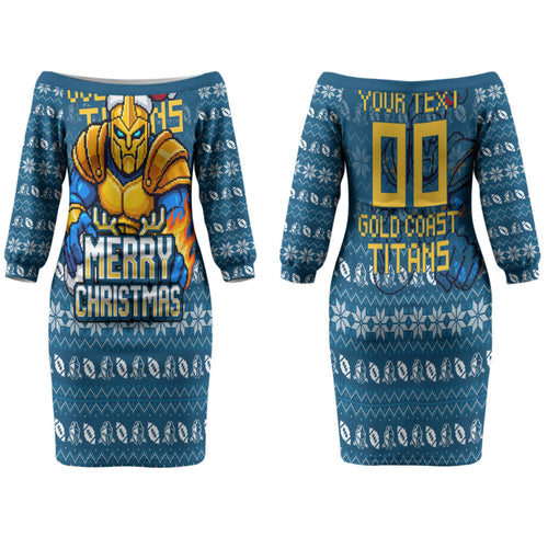 Personalized Gold Coast Titans Christmas Family Matching Off The Shoulder Long Sleeve Dress and Hawaiian Shirt Australian Rugby Fans - Pixelated Ugly Xmas Pattern Mascot Santa