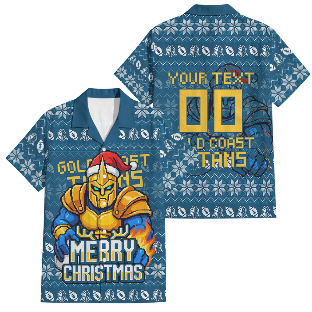 Personalized Gold Coast Titans Christmas Family Matching Off The Shoulder Long Sleeve Dress and Hawaiian Shirt Australian Rugby Fans - Pixelated Ugly Xmas Pattern Mascot Santa
