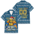 Personalized Gold Coast Titans Christmas Family Matching Off The Shoulder Long Sleeve Dress and Hawaiian Shirt Australian Rugby Fans - Pixelated Ugly Xmas Pattern Mascot Santa