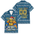 Personalized Gold Coast Titans Christmas Family Matching Off The Shoulder Long Sleeve Dress and Hawaiian Shirt Australian Rugby Fans - Pixelated Ugly Xmas Pattern Mascot Santa