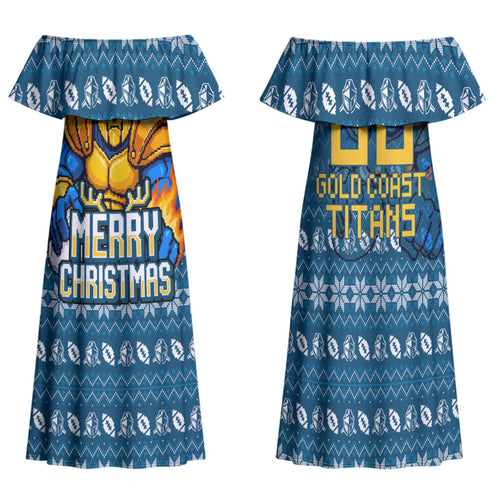 Personalized Gold Coast Titans Christmas Family Matching Off Shoulder Maxi Dress and Hawaiian Shirt Australian Rugby Fans - Pixelated Ugly Xmas Pattern Mascot Santa