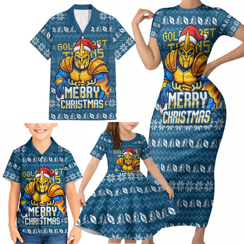 Personalized Gold Coast Titans Christmas Family Matching Short Sleeve Bodycon Dress and Hawaiian Shirt Australian Rugby Fans - Pixelated Ugly Xmas Pattern Mascot Santa