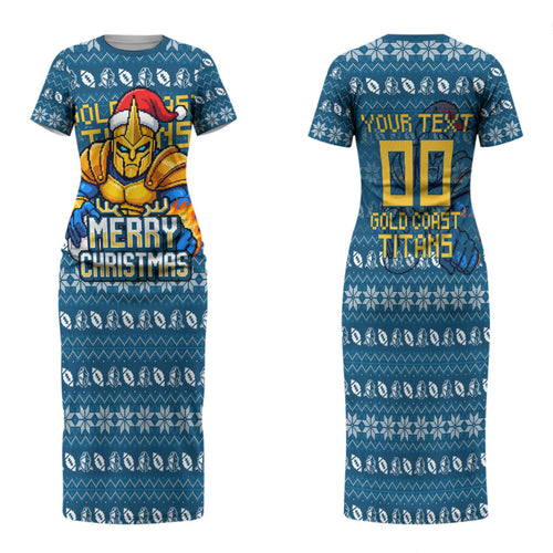 Personalized Gold Coast Titans Christmas Family Matching Short Sleeve Bodycon Dress and Hawaiian Shirt Australian Rugby Fans - Pixelated Ugly Xmas Pattern Mascot Santa