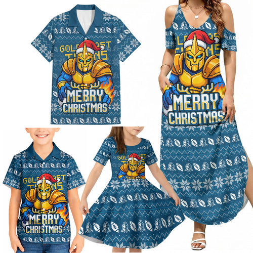 Personalized Gold Coast Titans Christmas Family Matching Summer Maxi Dress and Hawaiian Shirt Australian Rugby Fans - Pixelated Ugly Xmas Pattern Mascot Santa