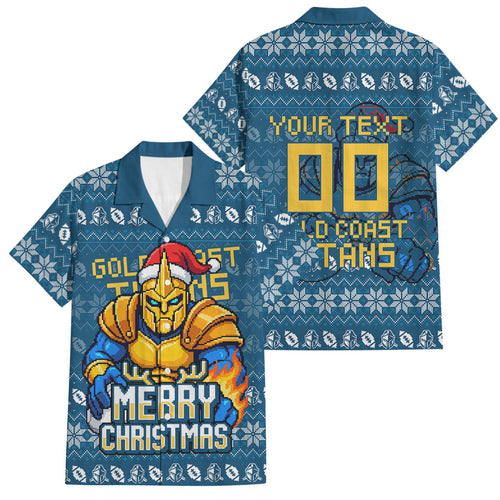 Personalized Gold Coast Titans Christmas Family Matching Summer Maxi Dress and Hawaiian Shirt Australian Rugby Fans - Pixelated Ugly Xmas Pattern Mascot Santa