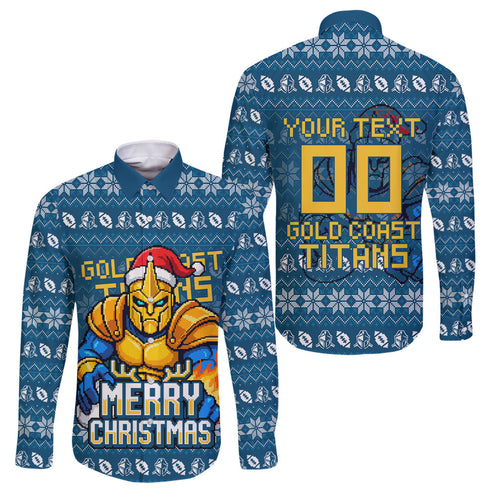 Personalized Gold Coast Titans Christmas Family Matching Summer Maxi Dress and Hawaiian Shirt Australian Rugby Fans - Pixelated Ugly Xmas Pattern Mascot Santa