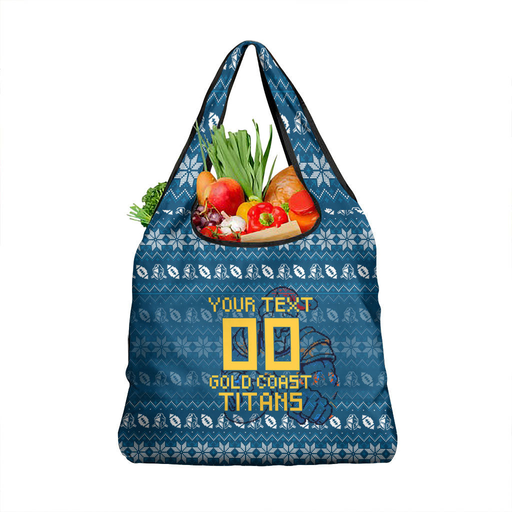 Personalized Gold Coast Titans Christmas Grocery Bag Australian Rugby Fans - Pixelated Ugly Xmas Pattern Mascot Santa