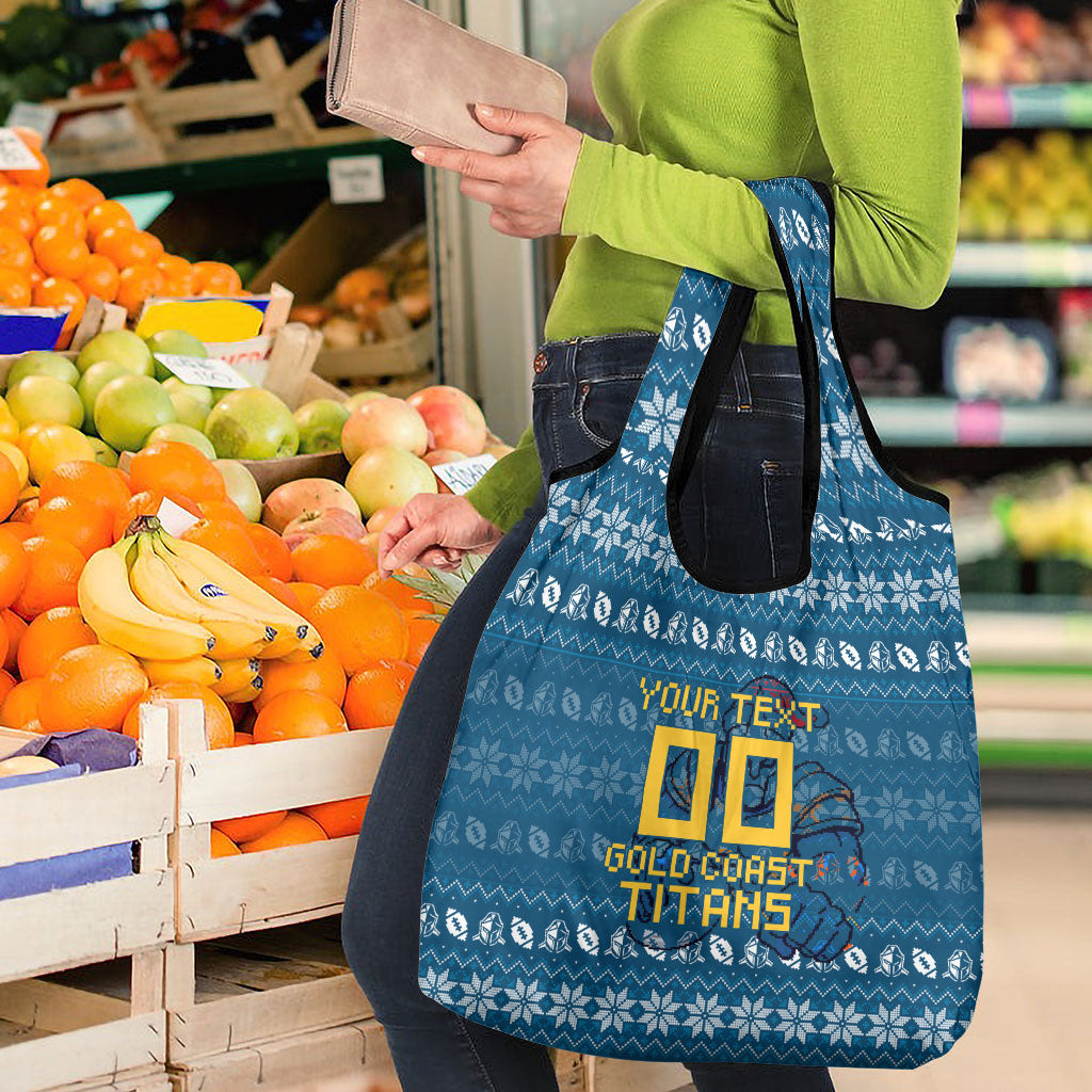 Personalized Gold Coast Titans Christmas Grocery Bag Australian Rugby Fans - Pixelated Ugly Xmas Pattern Mascot Santa