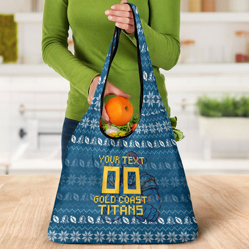 Personalized Gold Coast Titans Christmas Grocery Bag Australian Rugby Fans - Pixelated Ugly Xmas Pattern Mascot Santa