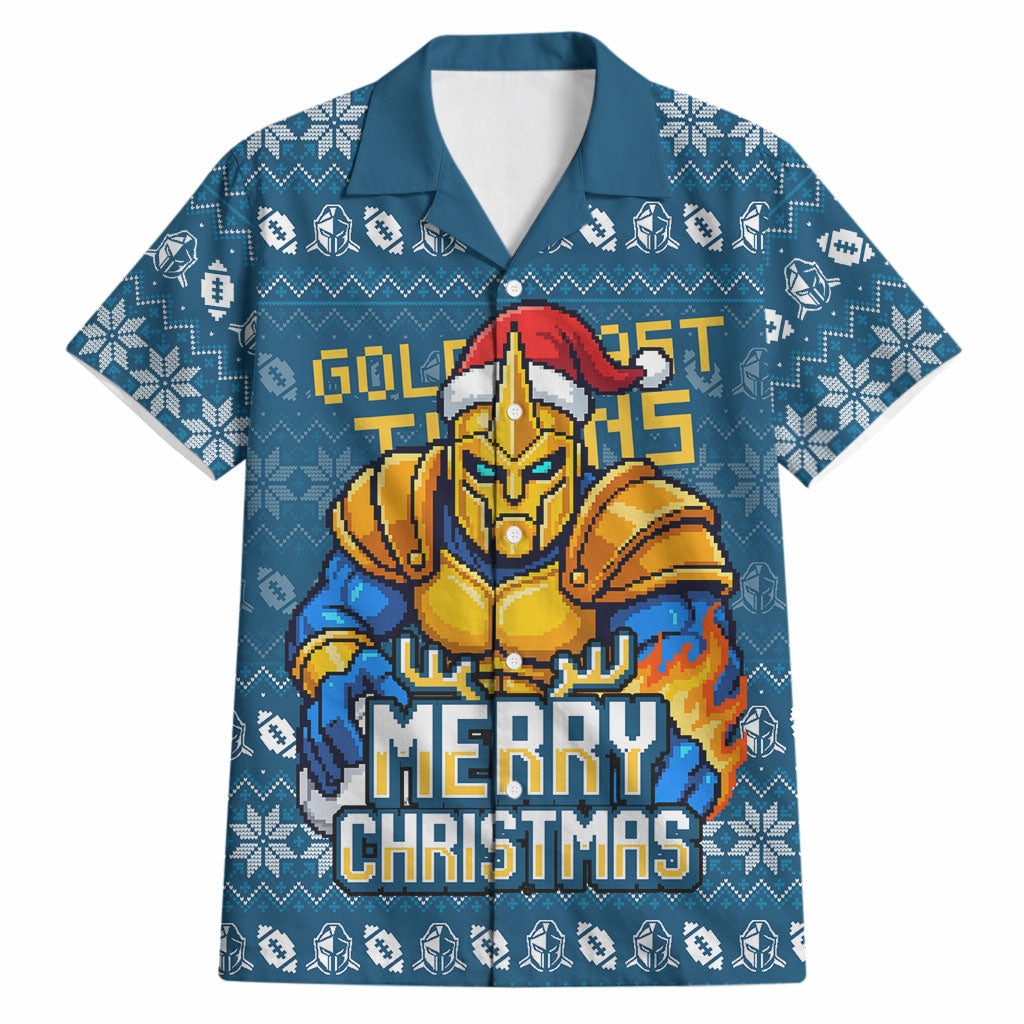 Personalized Gold Coast Titans Christmas Hawaiian Shirt Australian Rugby Fans - Pixelated Ugly Xmas Pattern Mascot Santa