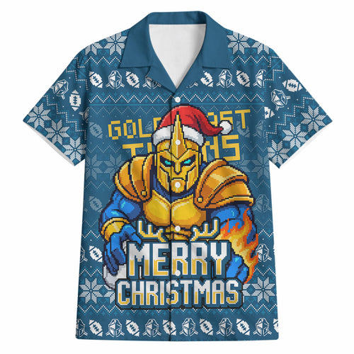Personalized Gold Coast Titans Christmas Hawaiian Shirt Australian Rugby Fans - Pixelated Ugly Xmas Pattern Mascot Santa
