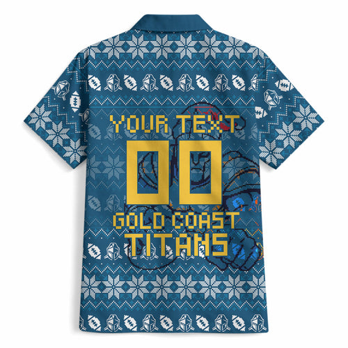 Personalized Gold Coast Titans Christmas Hawaiian Shirt Australian Rugby Fans - Pixelated Ugly Xmas Pattern Mascot Santa
