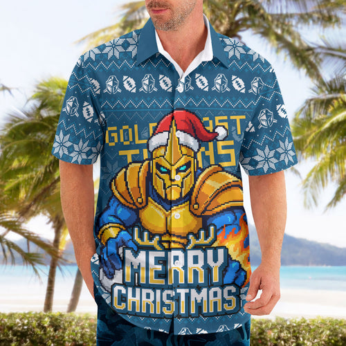 Personalized Gold Coast Titans Christmas Hawaiian Shirt Australian Rugby Fans - Pixelated Ugly Xmas Pattern Mascot Santa