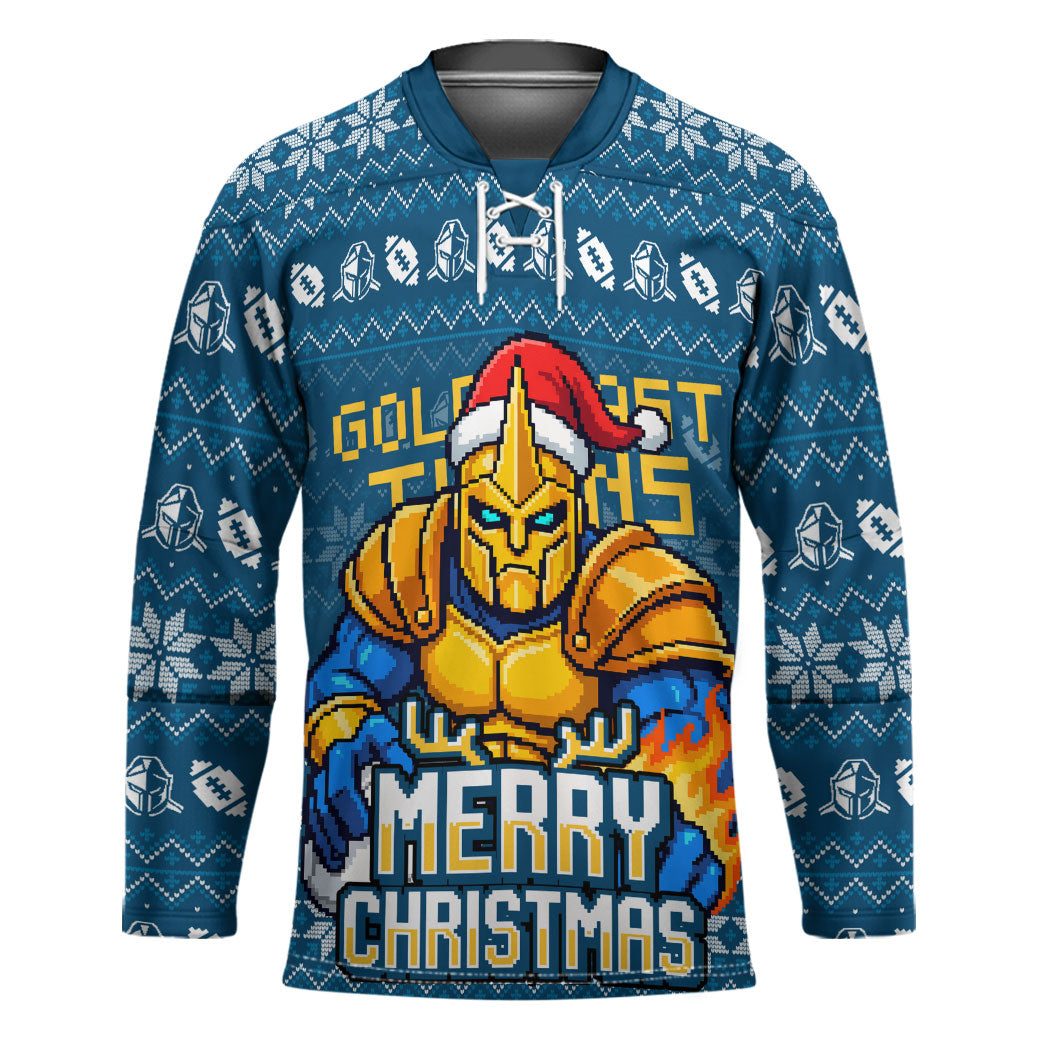 Personalized Gold Coast Titans Christmas Hockey Jersey Australian Rugby Fans - Pixelated Ugly Xmas Pattern Mascot Santa