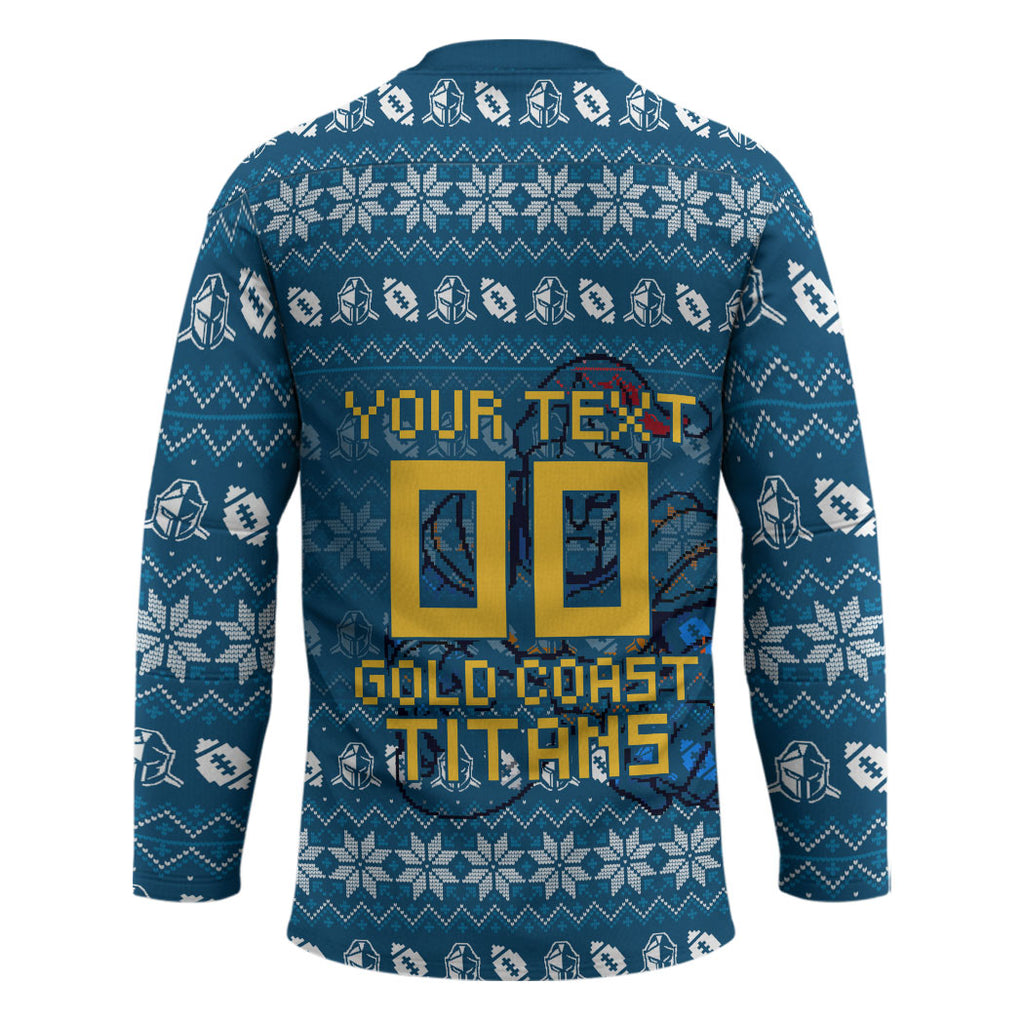 Personalized Gold Coast Titans Christmas Hockey Jersey Australian Rugby Fans - Pixelated Ugly Xmas Pattern Mascot Santa