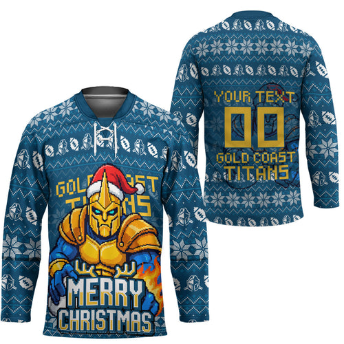 Personalized Gold Coast Titans Christmas Hockey Jersey Australian Rugby Fans - Pixelated Ugly Xmas Pattern Mascot Santa