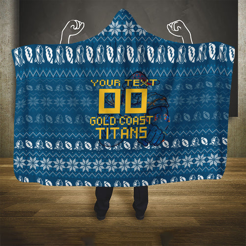 Personalized Gold Coast Titans Christmas Hooded Blanket Australian Rugby Fans - Pixelated Ugly Xmas Pattern Mascot Santa