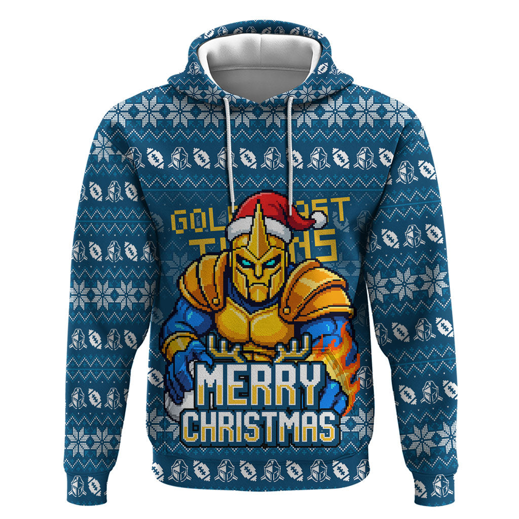 Personalized Gold Coast Titans Christmas Hoodie Australian Rugby Fans - Pixelated Ugly Xmas Pattern Mascot Santa