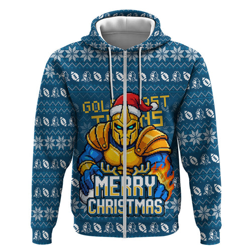 Personalized Gold Coast Titans Christmas Hoodie Australian Rugby Fans - Pixelated Ugly Xmas Pattern Mascot Santa