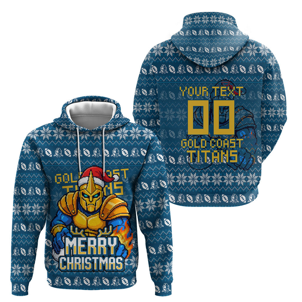 Personalized Gold Coast Titans Christmas Hoodie Australian Rugby Fans - Pixelated Ugly Xmas Pattern Mascot Santa