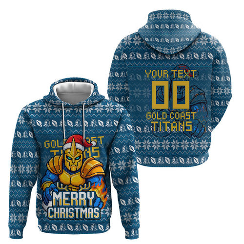 Personalized Gold Coast Titans Christmas Hoodie Australian Rugby Fans - Pixelated Ugly Xmas Pattern Mascot Santa