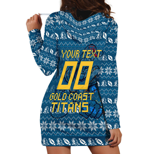 Personalized Gold Coast Titans Christmas Hoodie Dress Australian Rugby Fans - Pixelated Ugly Xmas Pattern Mascot Santa