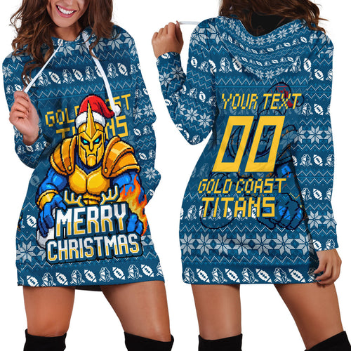 Personalized Gold Coast Titans Christmas Hoodie Dress Australian Rugby Fans - Pixelated Ugly Xmas Pattern Mascot Santa