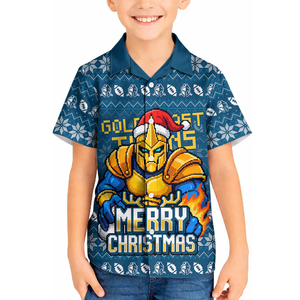 Personalized Gold Coast Titans Christmas Kid Hawaiian Shirt Australian Rugby Fans - Pixelated Ugly Xmas Pattern Mascot Santa