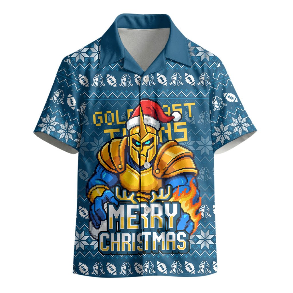 Personalized Gold Coast Titans Christmas Kid Hawaiian Shirt Australian Rugby Fans - Pixelated Ugly Xmas Pattern Mascot Santa