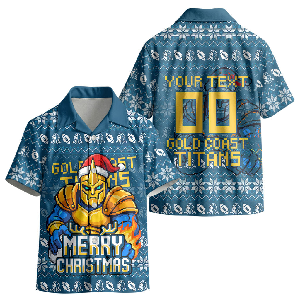Personalized Gold Coast Titans Christmas Kid Hawaiian Shirt Australian Rugby Fans - Pixelated Ugly Xmas Pattern Mascot Santa