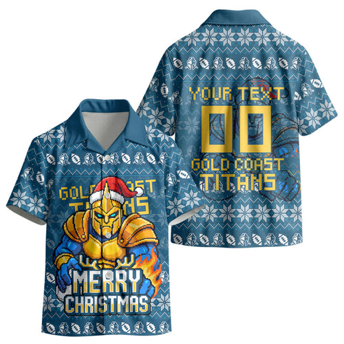 Personalized Gold Coast Titans Christmas Kid Hawaiian Shirt Australian Rugby Fans - Pixelated Ugly Xmas Pattern Mascot Santa