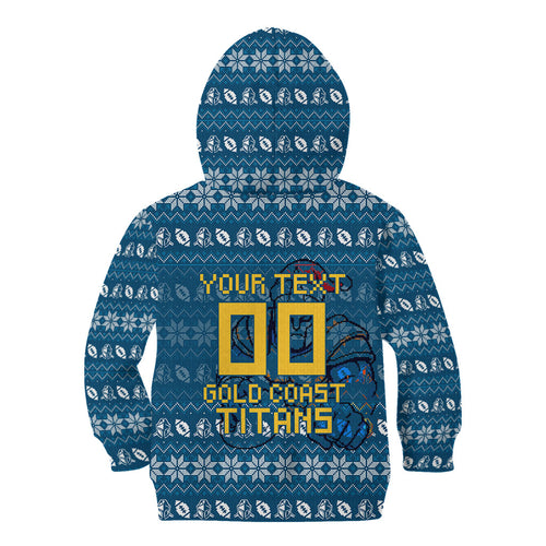 Personalized Gold Coast Titans Christmas Kid Hoodie Australian Rugby Fans - Pixelated Ugly Xmas Pattern Mascot Santa
