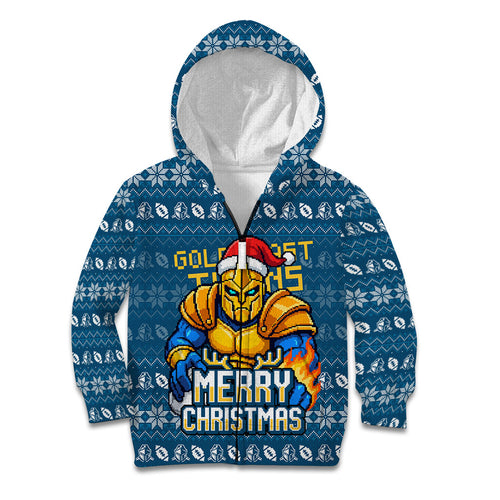 Personalized Gold Coast Titans Christmas Kid Hoodie Australian Rugby Fans - Pixelated Ugly Xmas Pattern Mascot Santa